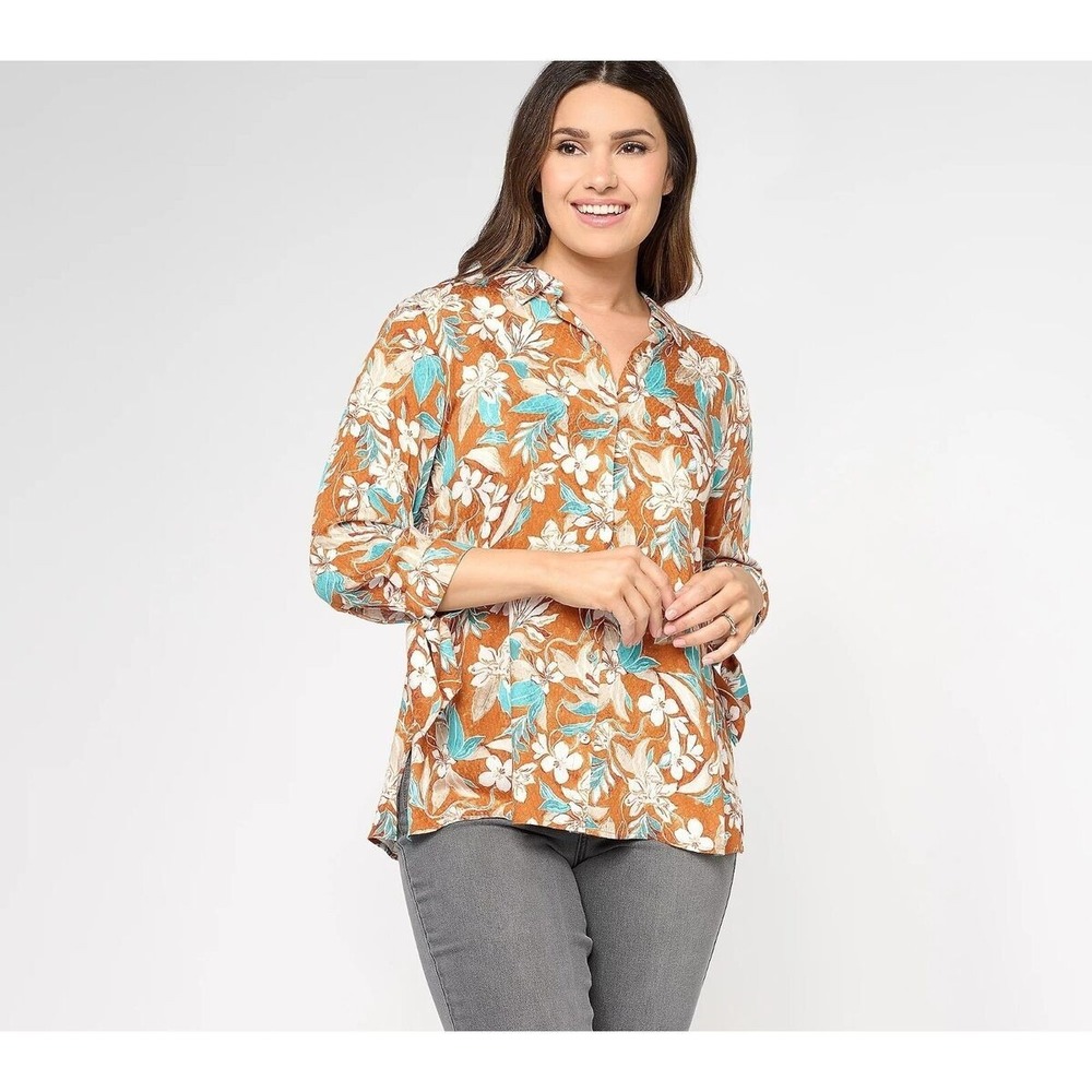 Susan Graver Printed Woven Jacquard A Line Button Front Shirt Copper Teal Medium